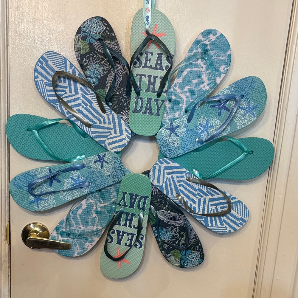 Teal and Blue Flip Flop Wreath, made by hand,  with Sea Theme